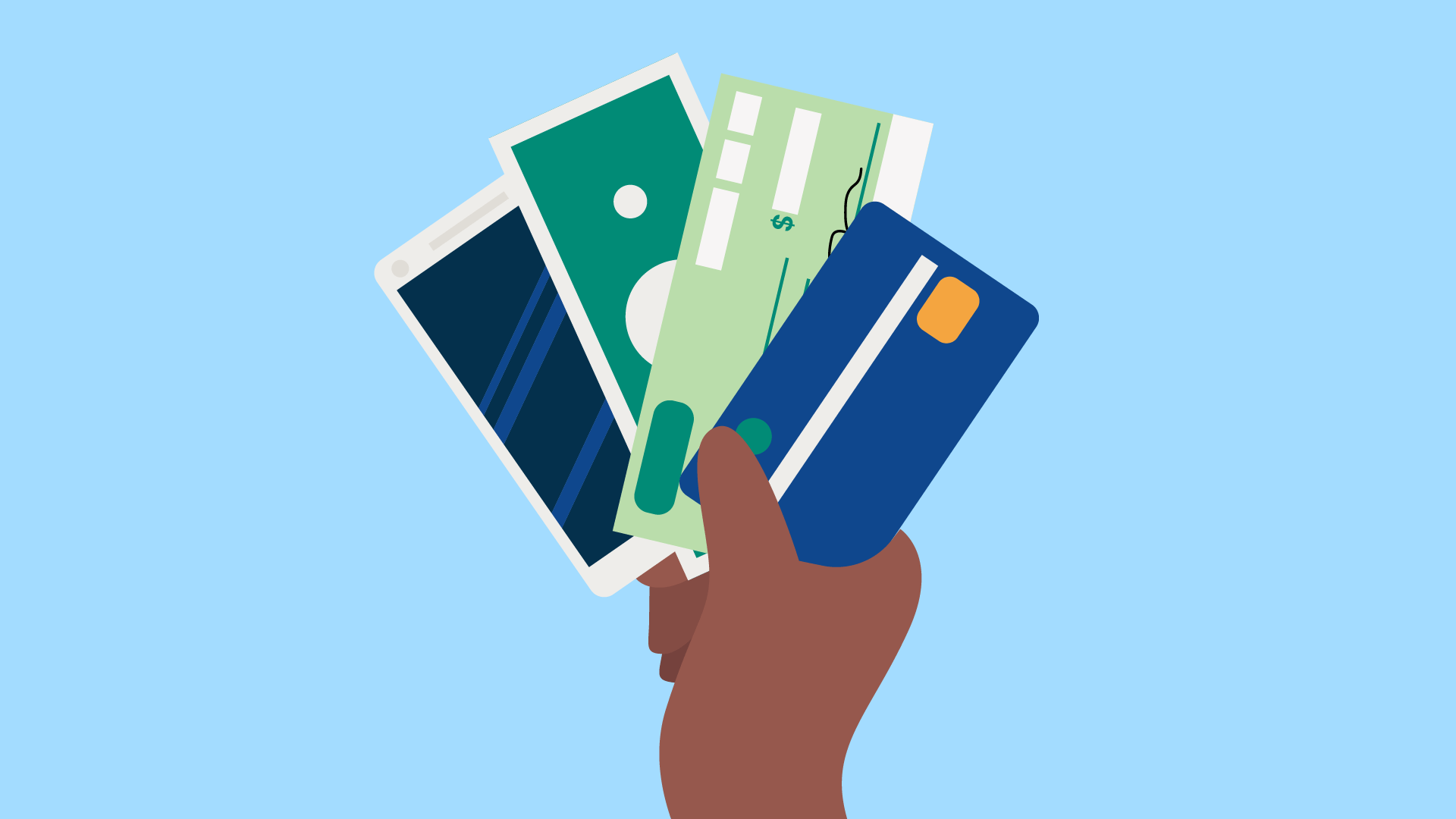 A dark-skinned hand holding a smartphone, green bill, and credit card on a blue background.