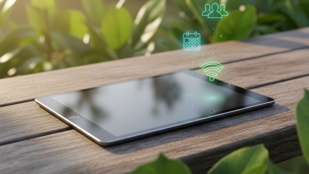 Tablet on a wooden table outdoors with floating green tech icons and blurred plants in the background