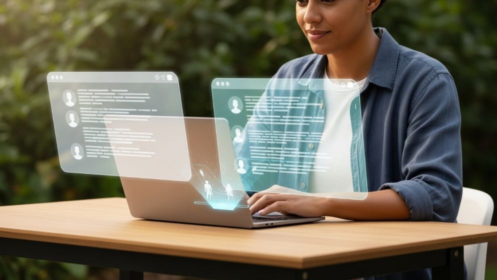Woman using a laptop outdoors with holographic user interface elements.