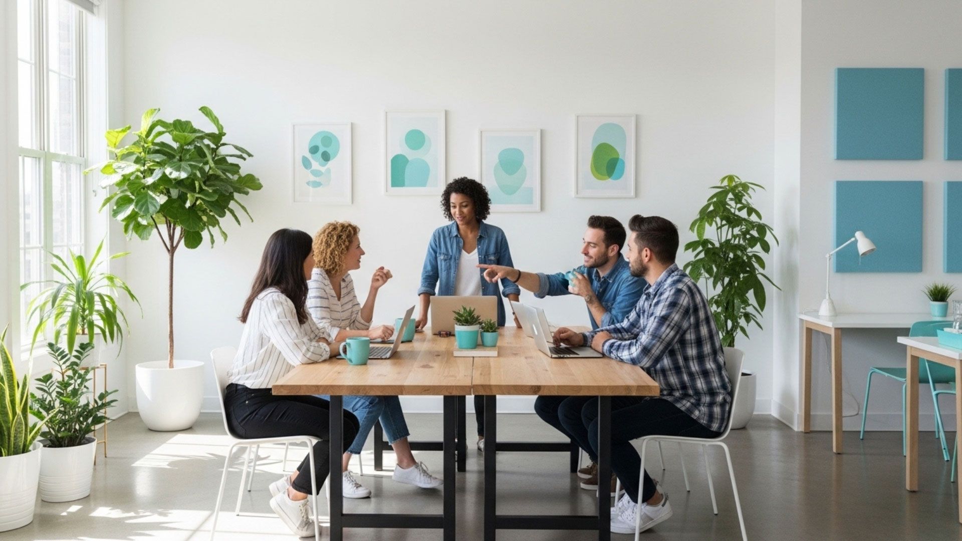 People in a light-filled office at a table; some pointing and talking, with laptops, plants, and art.
