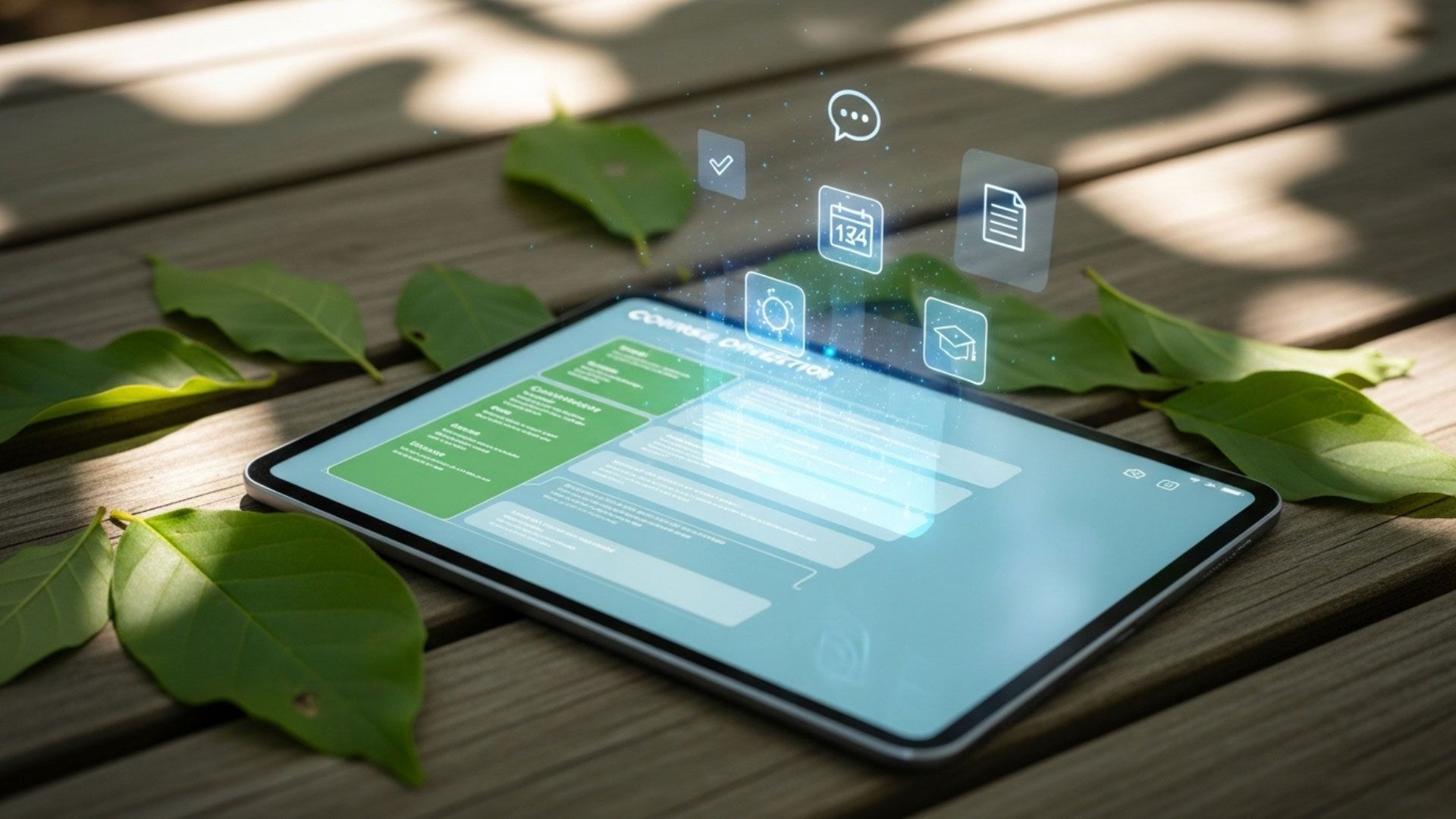 Tablet with digital icons, resting on wooden surface with green leaves.