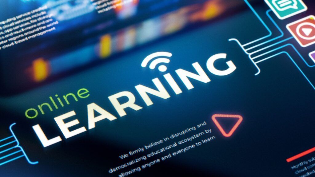 Online learning banner with bold white text on a blue digital background and colorful app icons