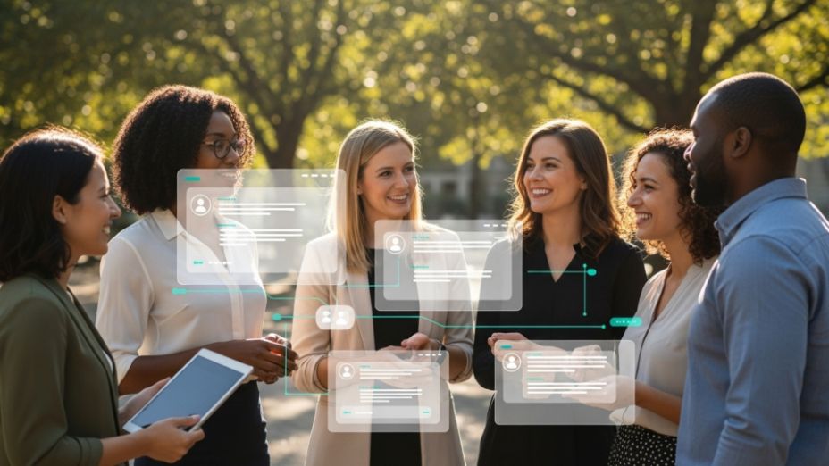 Colleagues in a sunny outdoor meeting, smiling and talking with digital interface overlays
