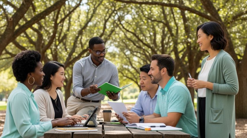 Group of people collaborating around a picnic table outdoors, trees in background.