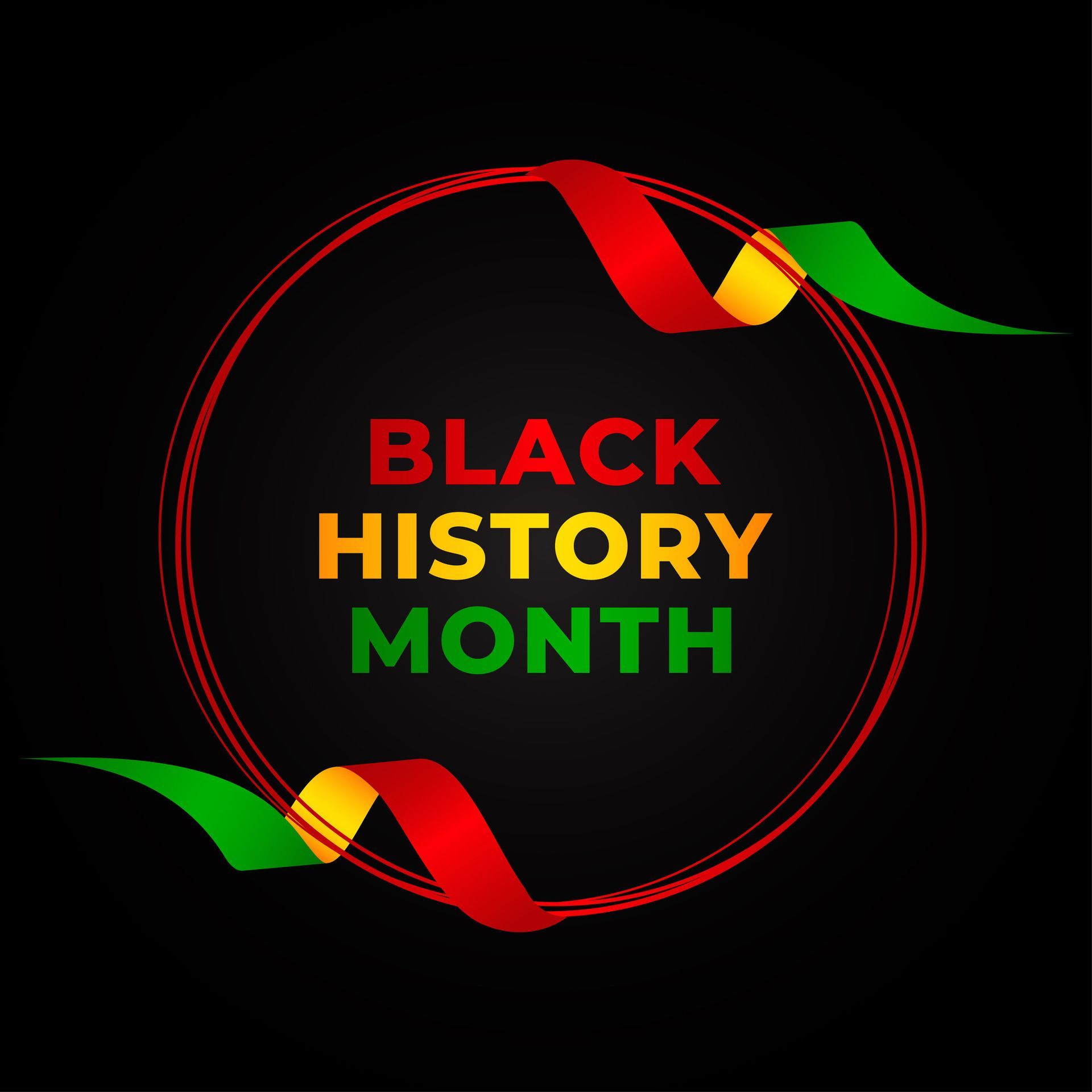 Black History Month text in red, yellow, and green on a black background with ribbon accents
