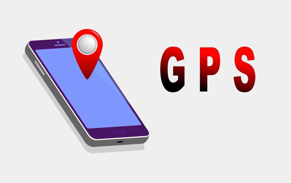 Smartphone with red location pin and “GPS” text on a white background