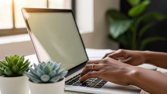 Hands typing on a laptop with two succulent plants in front.