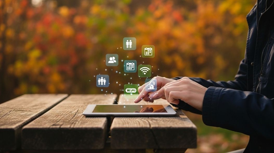 Person using a tablet outdoors with floating icons. Autumn foliage in the background.