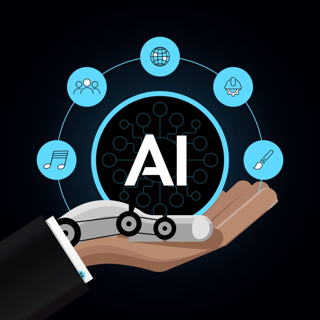 AI icon with connected tech symbols above a robotic hand holding a small car model