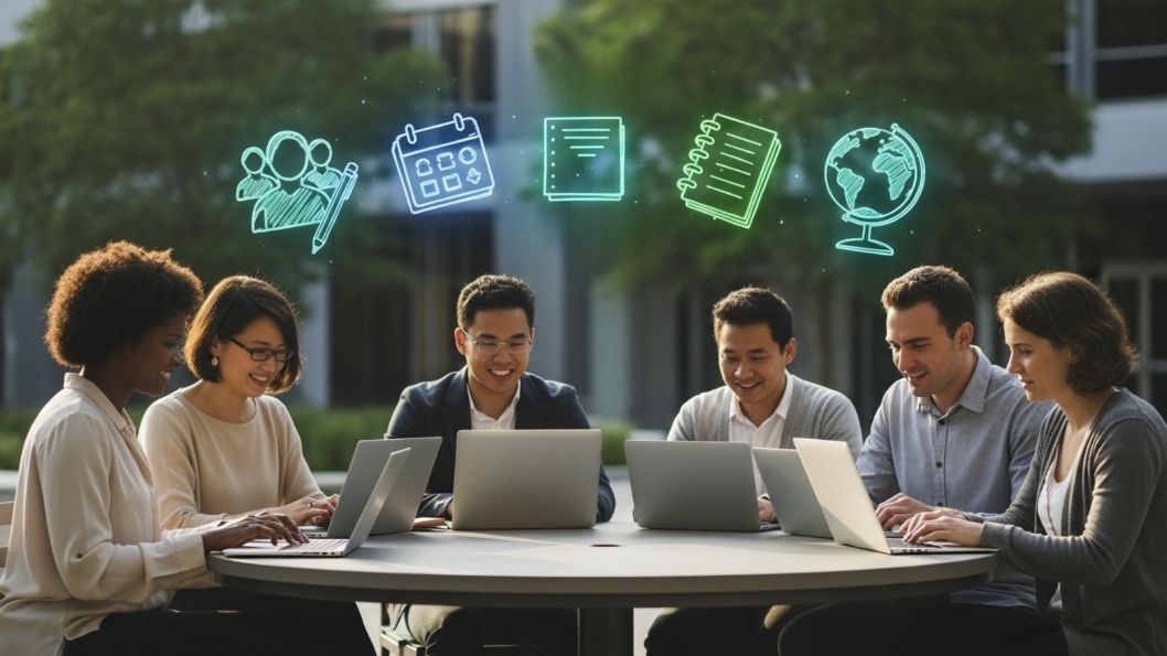 People working on laptops at an outdoor table with digital icons floating above them.