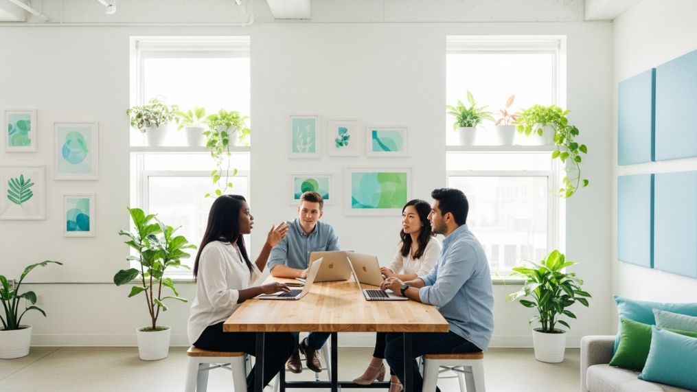 Four people in a bright office meeting at a wooden table. Laptops, plants, and art surround them.