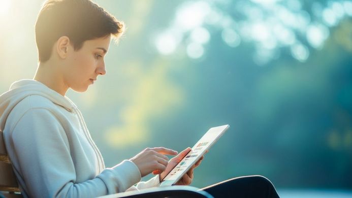 Person with short hair using a tablet outdoors in sunlight.