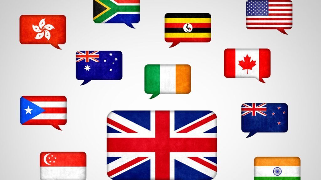 Various national flags surrounding a large UK flag, representing international communication or language diversity