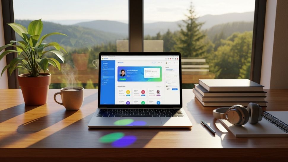 Laptop displaying a software interface on a wooden desk with coffee, headphones, and a plant, overlooking a mountain view.
