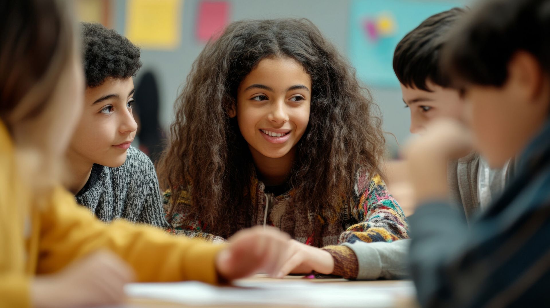 Students smiling around a classroom table, engaged in a group discussion