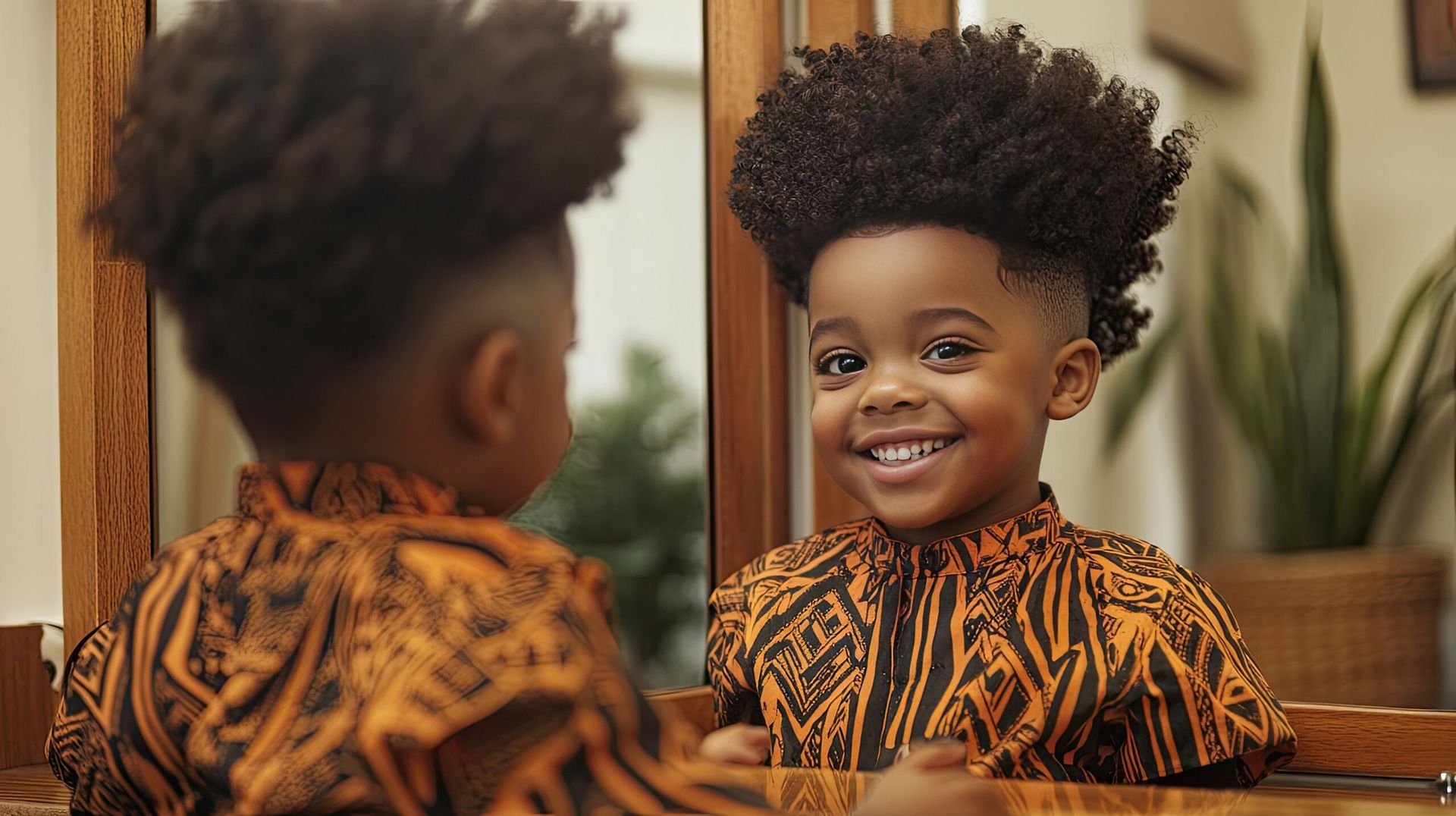 Child smiling at mirror in orange patterned shirt, with a potted plant in the background