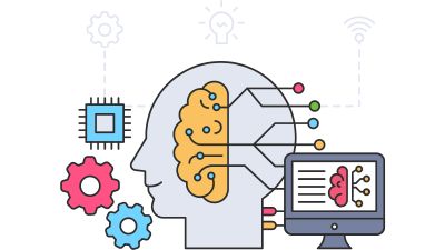 Illustration of a head with a brain, gears, and a computer screen showing AI circuitry.
