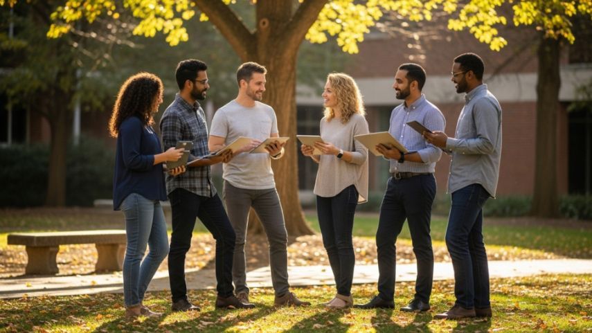 Group of people outdoors, holding tablets and discussing under a tree in sunlight.