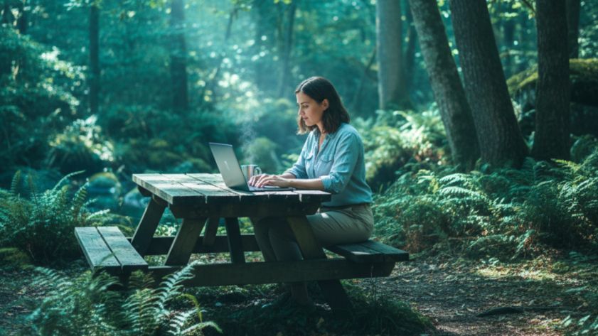 Woman works on a laptop at a picnic table in a sunlit forest clearing.