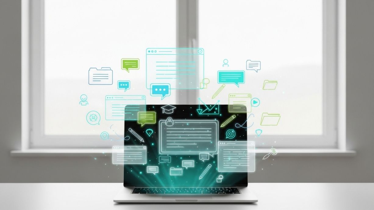 Laptop with holographic projections of documents and chat bubbles.