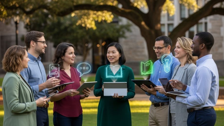 Group of people in a park, using tablets and laptops with digital icons, collaborating.
