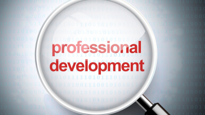 Magnifying glass over the words “professional development” on a gray background
