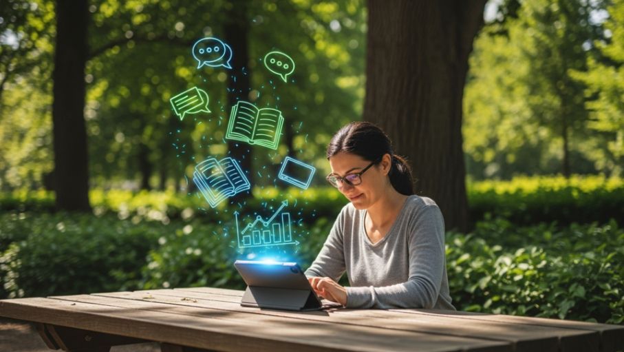 Woman with glasses uses tablet outdoors, surrounded by digital icons, at a wooden table in a park.