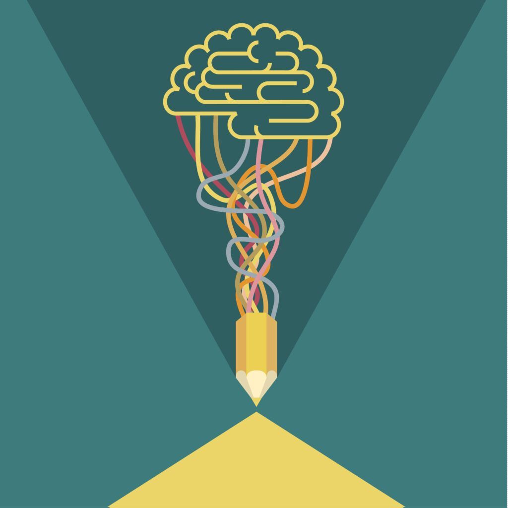 Brain-shaped lightbulb above a yellow pencil on a teal background