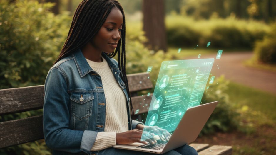 Woman using a laptop outdoors, with a glowing interface overlay.