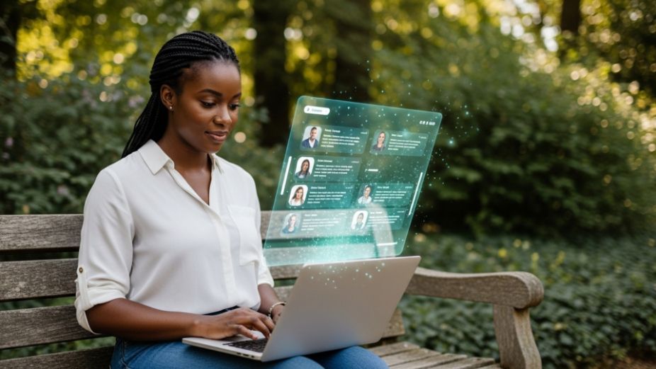 Woman using a laptop outdoors with a holographic interface of user profiles.
