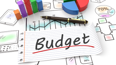 Budget planning with charts, graphs, calculator, and a notebook labeled “Budget”
