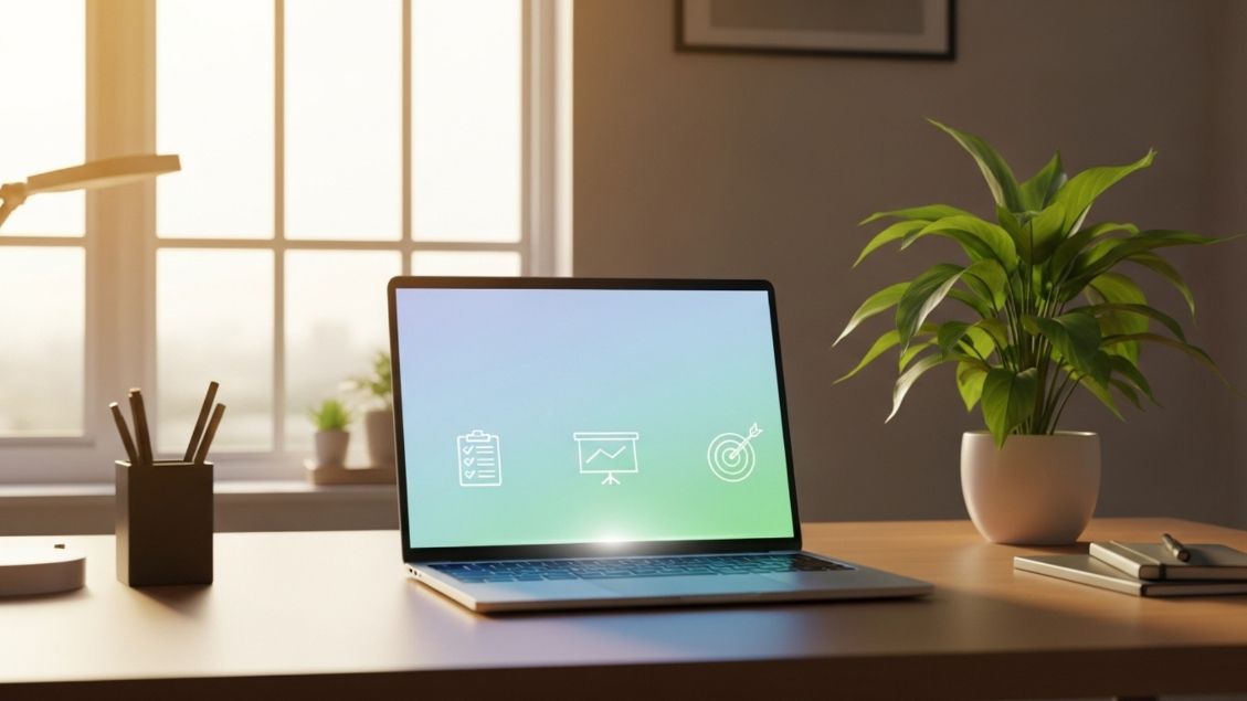 Laptop on desk with icons, beside a potted plant, near a window with sunlight.