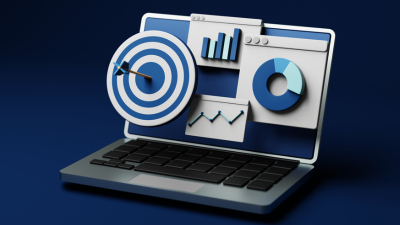 3D laptop with analytics dashboard charts and a target icon on a blue background