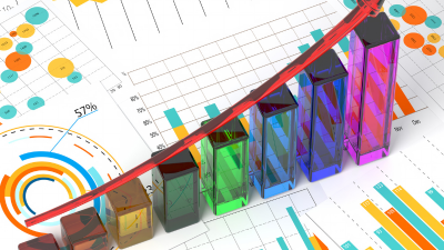Colorful 3D bar chart with an upward red arrow and graphs on a financial dashboard background