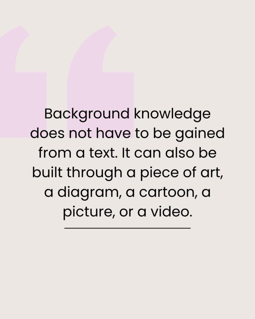 Quote on beige background with lavender marks: “Background knowledge does not have to be gained from a text.”