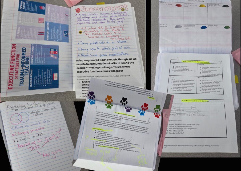 Scattered study notes and printed worksheets with highlighted text and handwritten annotations on a table