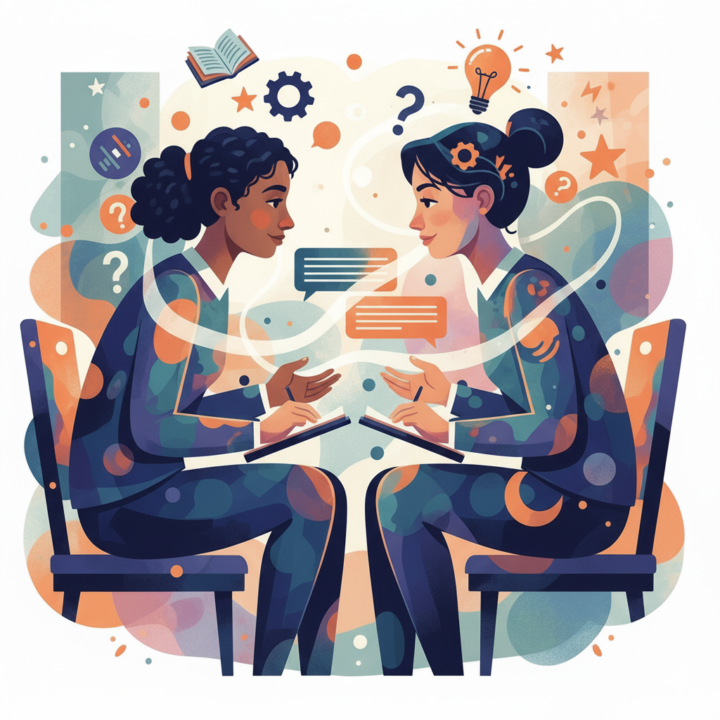 Two people in a colorful discussion, seated facing each other with speech bubbles and question marks between them