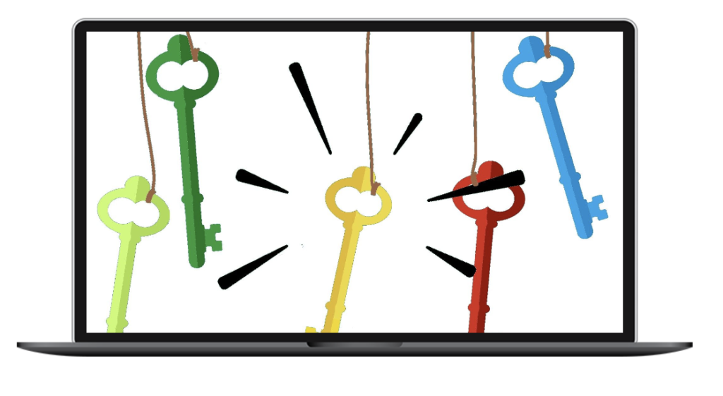 Colorful keys on a laptop screen, with motion lines suggesting unlocking or security.