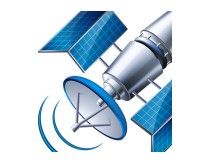 Satellite with blue solar panels and antenna emitting signal waves.