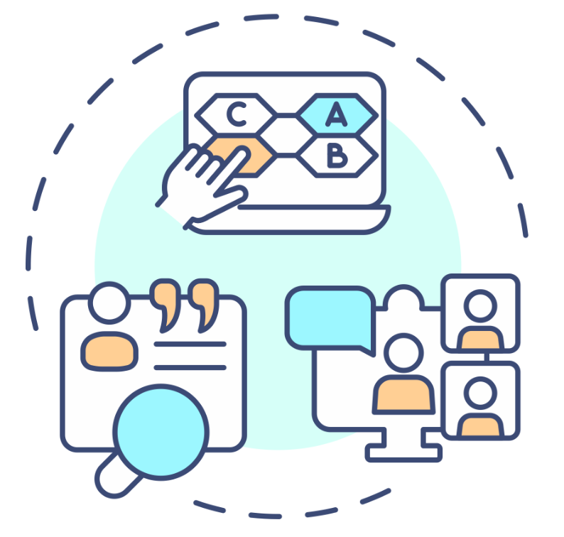Illustration of online collaboration and document review with chat, laptop, and people icons