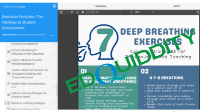 Deep breathing exercises infographic in teal and blue with a left sidebar menu on a document viewer.