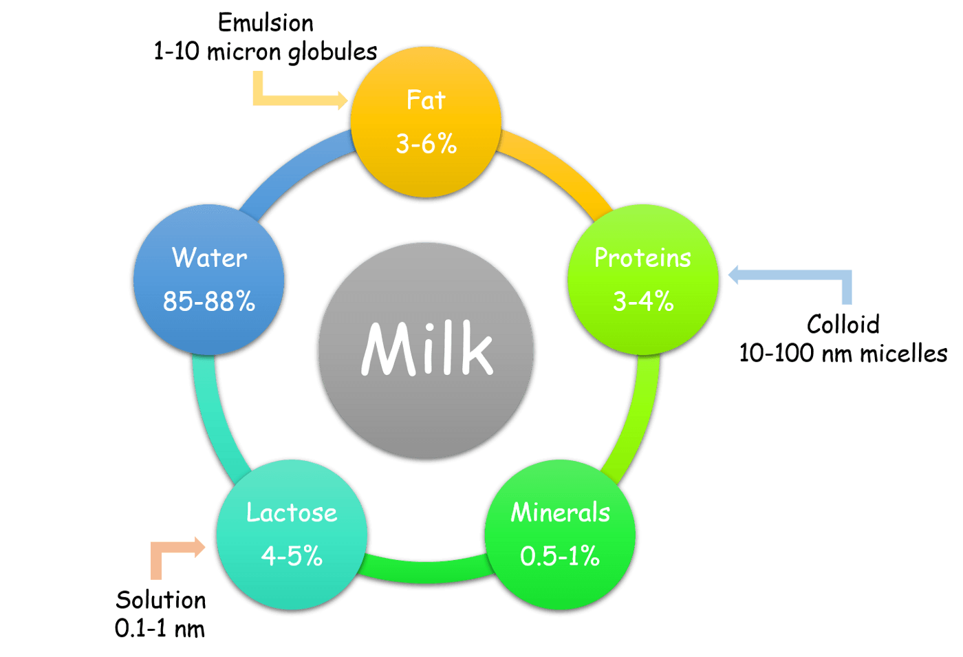 Diagram of milk composition: water, fat, proteins, lactose, minerals, and emulsion/colloid notes.