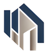 Geometric house logo with navy and tan color scheme.