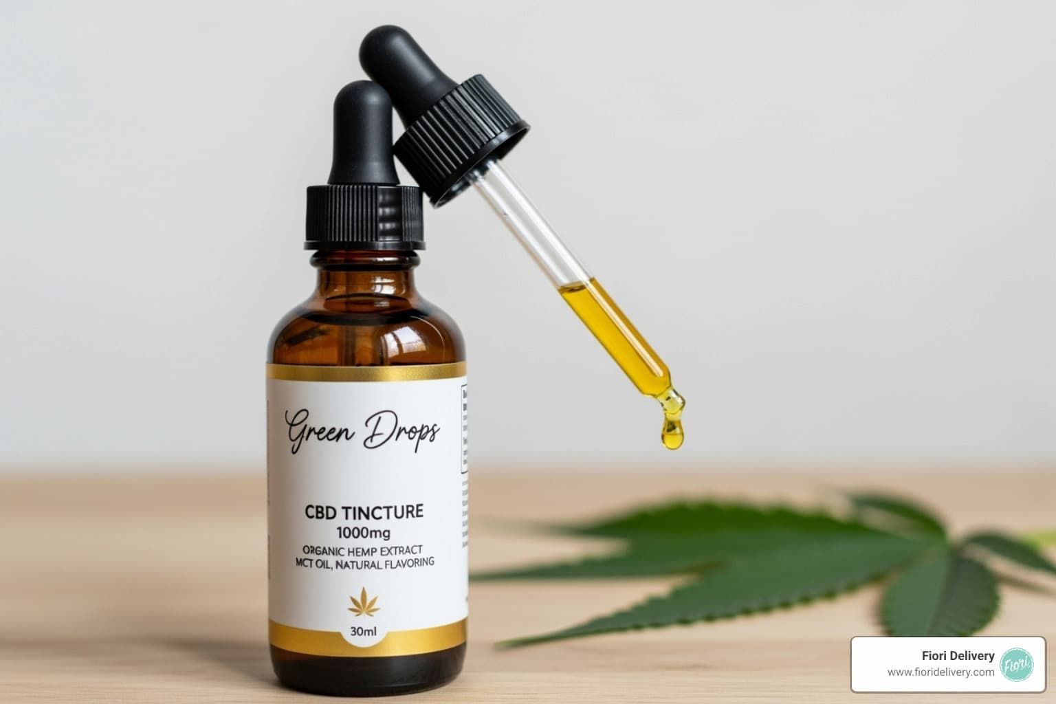 Cannabis tincture effects – dropper bottle of CBD oil with hemp leaf background for wellness and natural relief