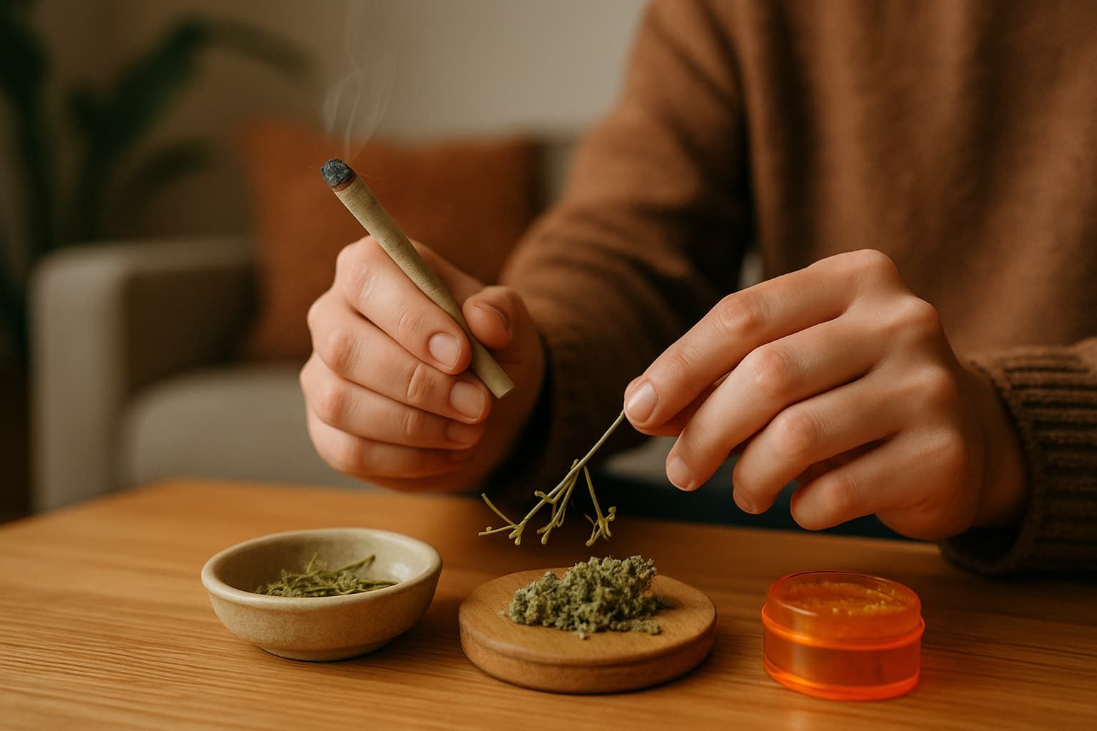 A person sits at a wooden table holding a cannabis stem in one hand and a lit joint in the other