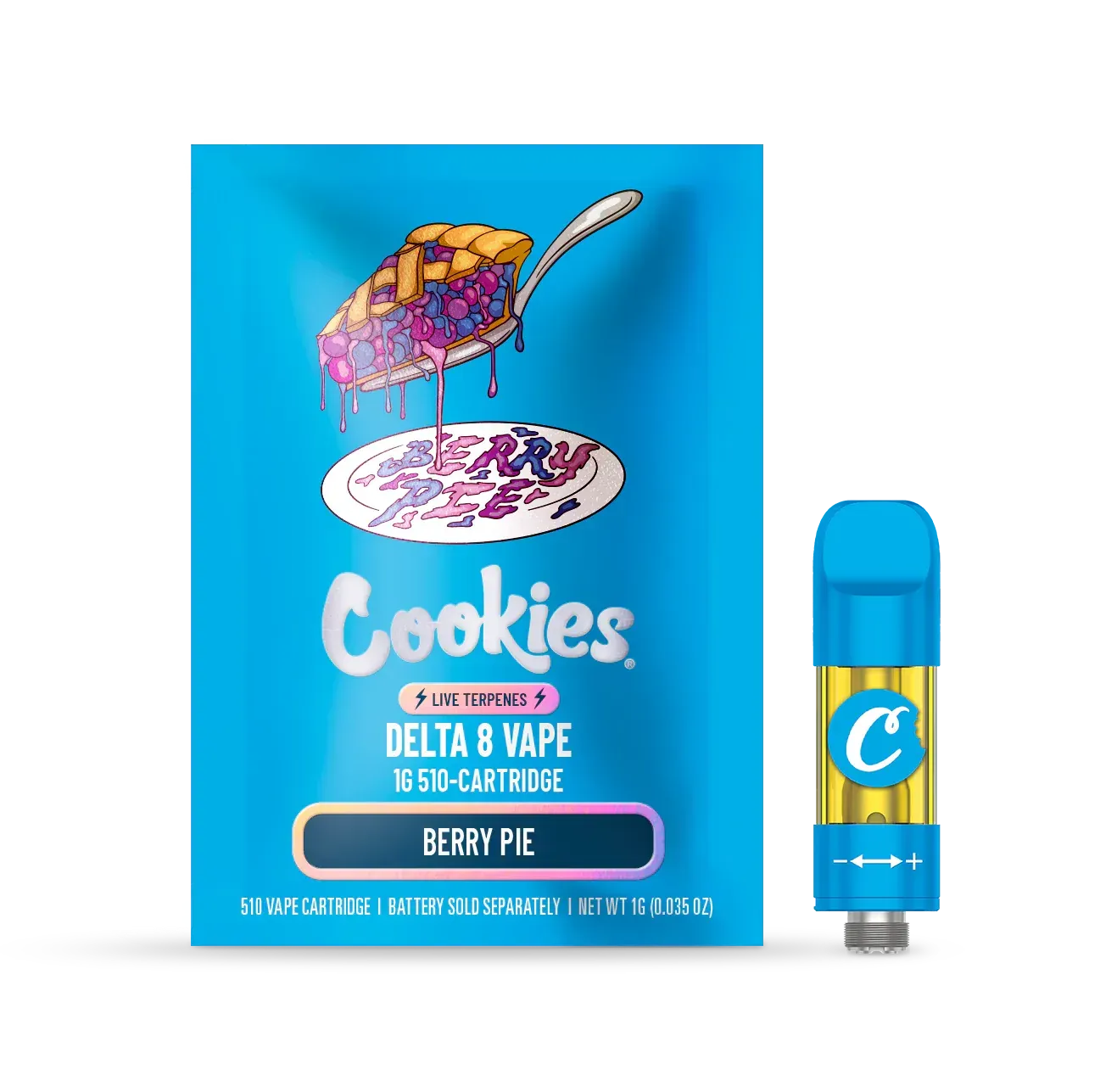 Cookies 510 vape cartridge in Berry Pie flavor with bright blue packaging