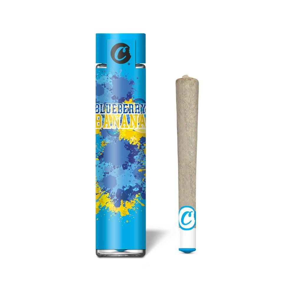 Cookies brand Blueberry Banana pre-roll and packaging with tropical design
