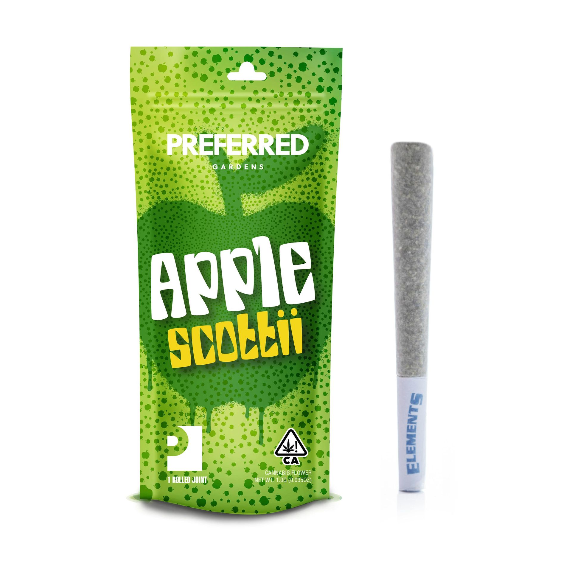 Preferred Gardens Apple Scottii 1g pre-roll and green packaging