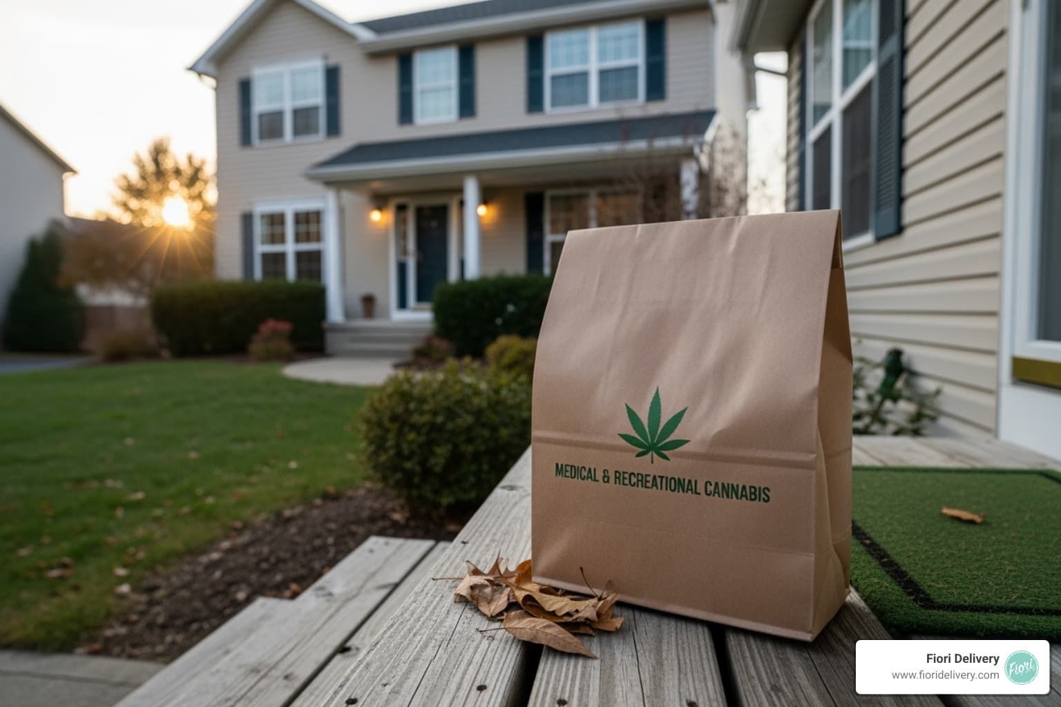 Elk Grove cannabis delivery of medical and recreational cannabis package dropped off at a suburban home doorstep
