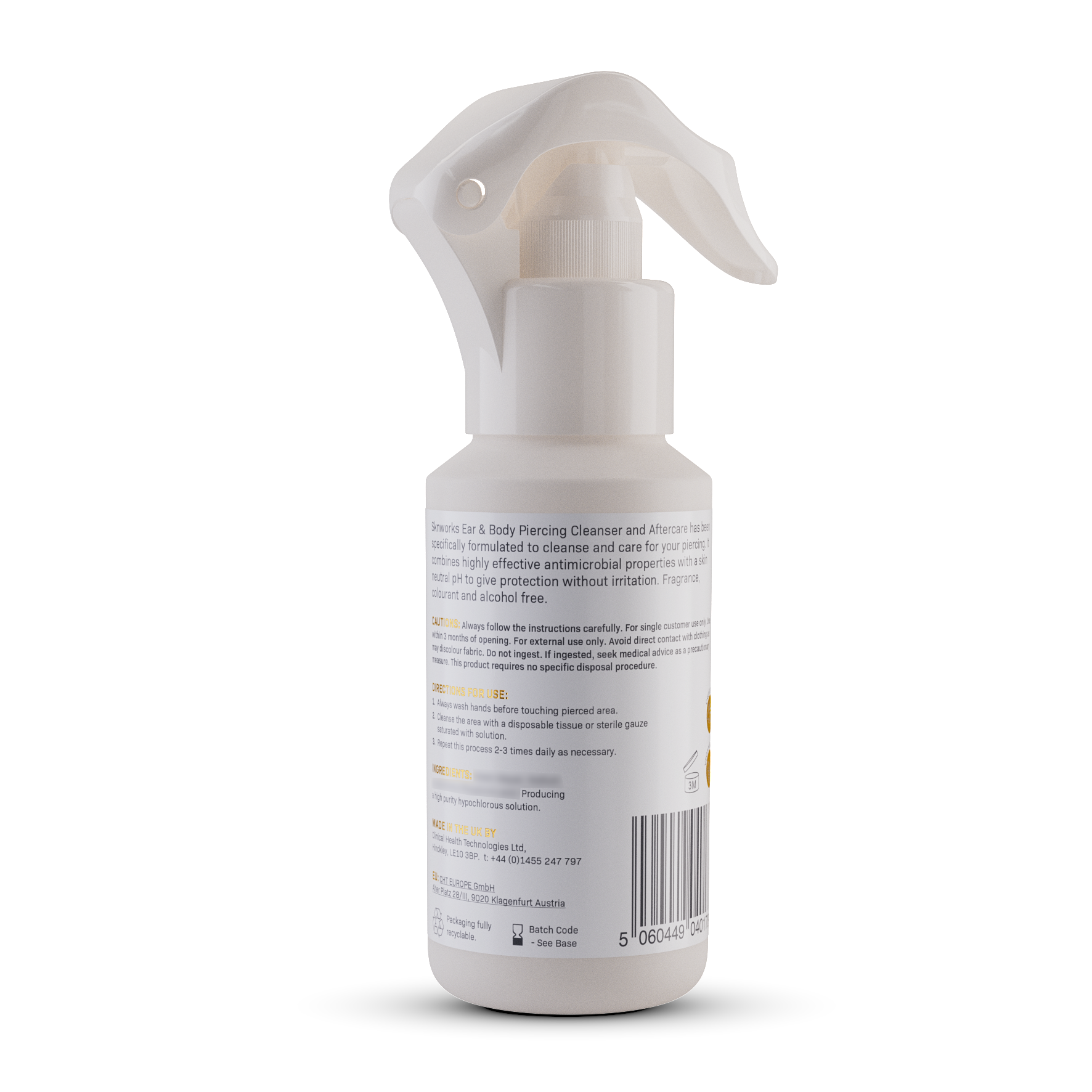 A bottle of ear and body piercing spray on a white background.